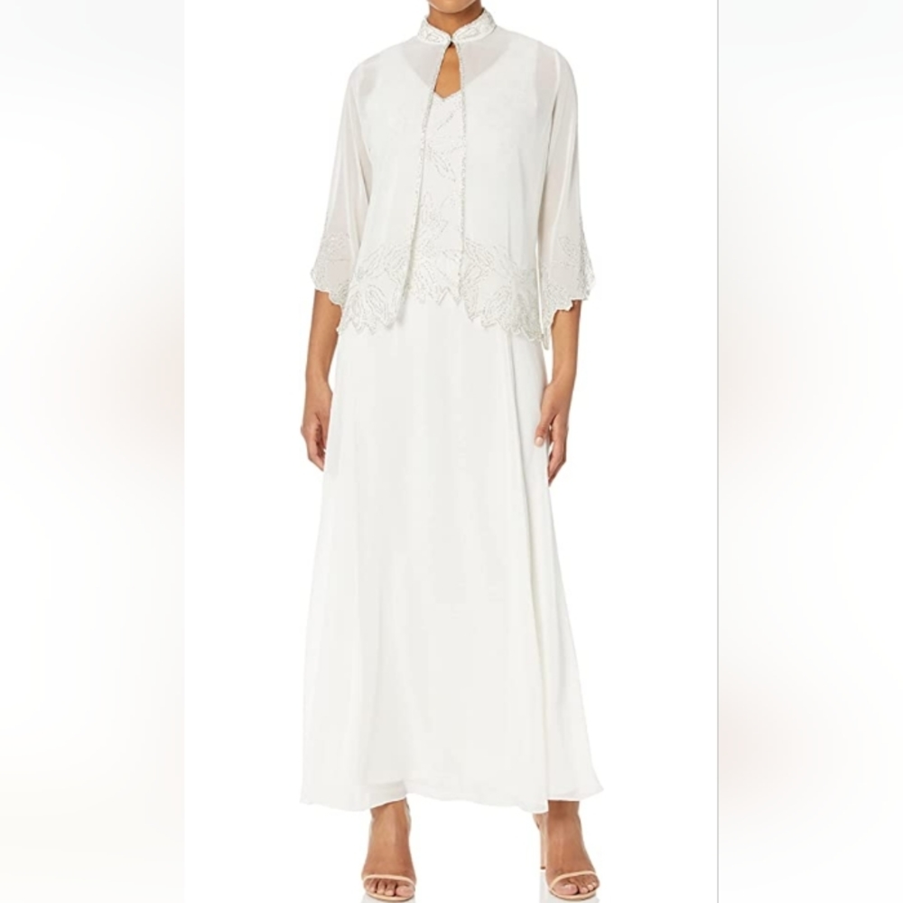 J Kara Women's Ivory Chiffon Silver Beaded Jacket Long Evening Gown Dress NWT 18